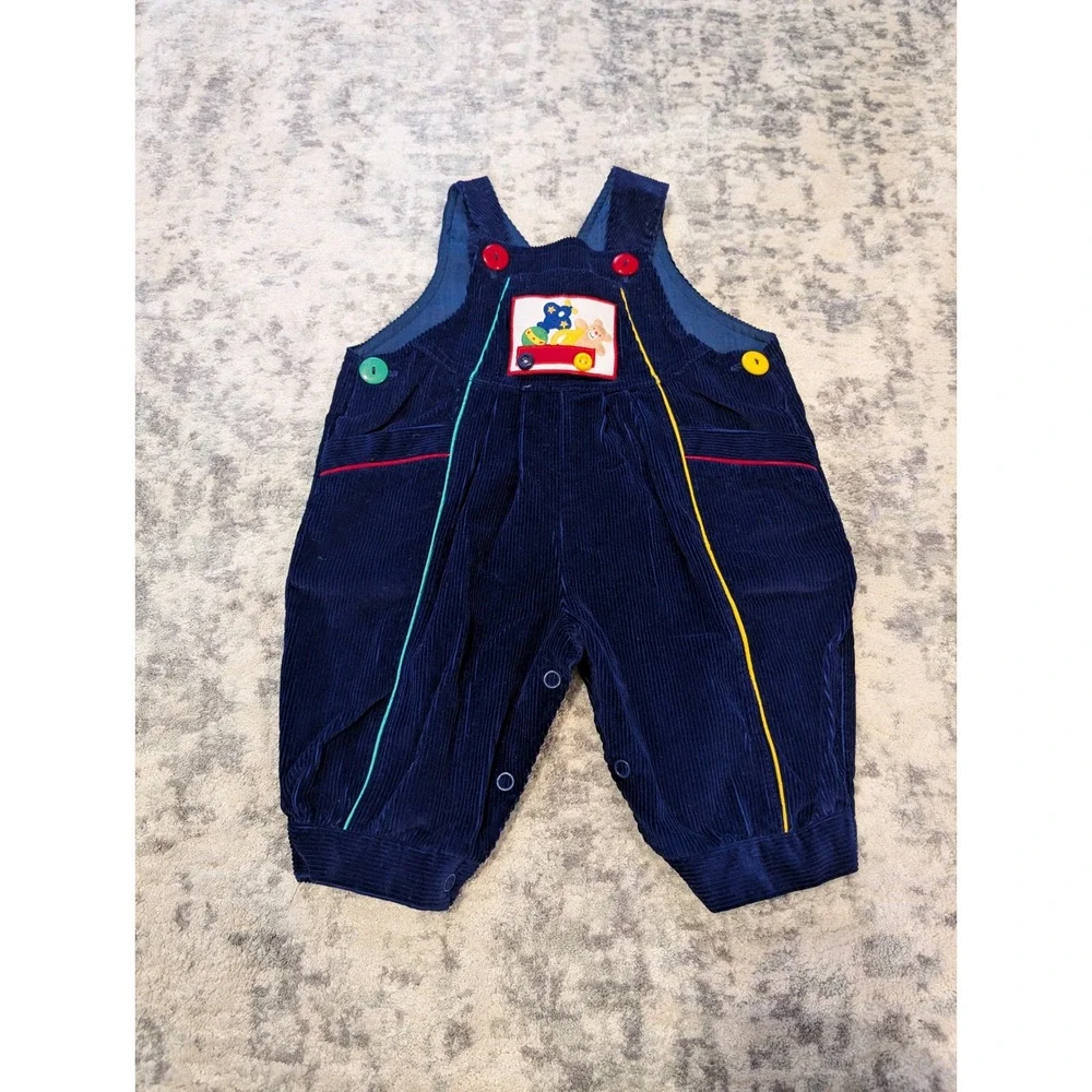 Baby Togs VTG Navy Cotton Corduroy Overalls Toy Applique Snap Closure Sz 3-6 Mo